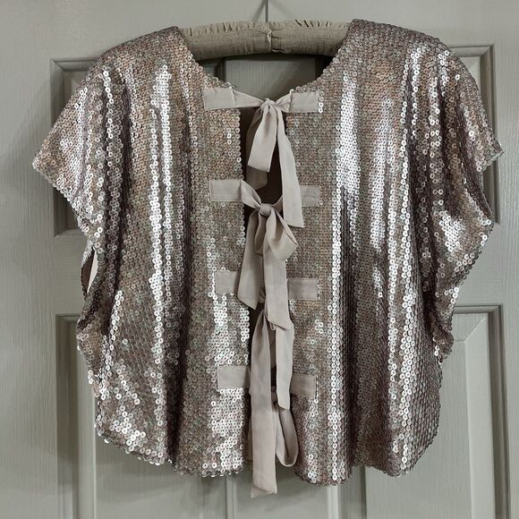 Aryn K Wom Sz Med Matte Sequin Champagne Short Sleeve Poncho Coquette Bow EUC - Picture 2 of 15